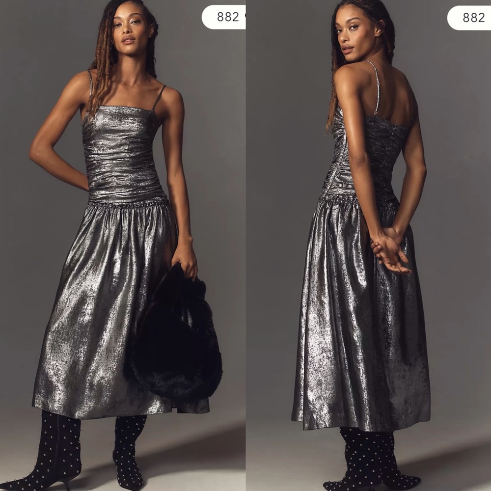 La Maise Studio Ruched Drop-Waist Foil Midi Dress